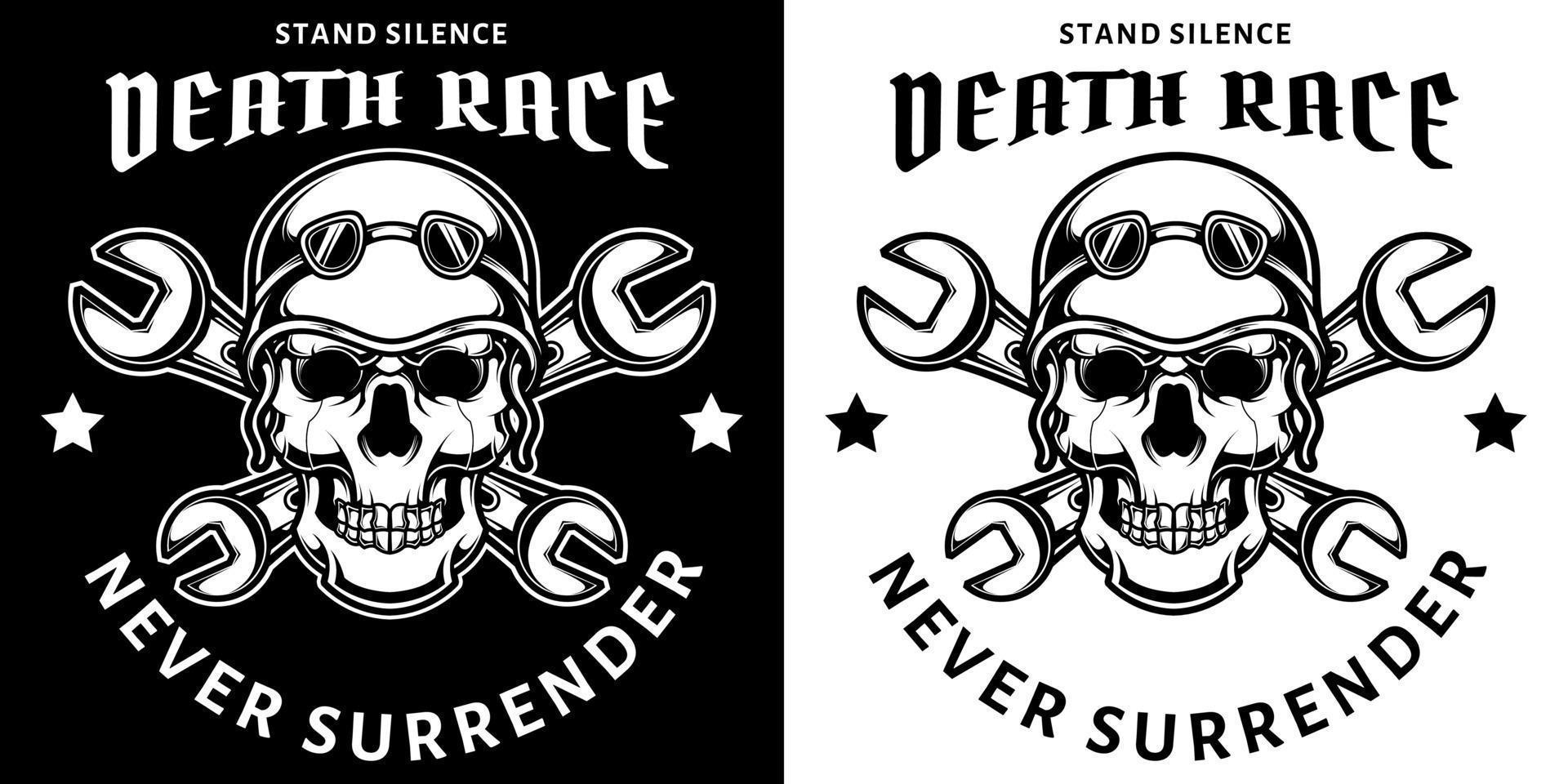 Skull in motorcycle helmet and goggles in black and white vintage monochrome style isolated vector illustration