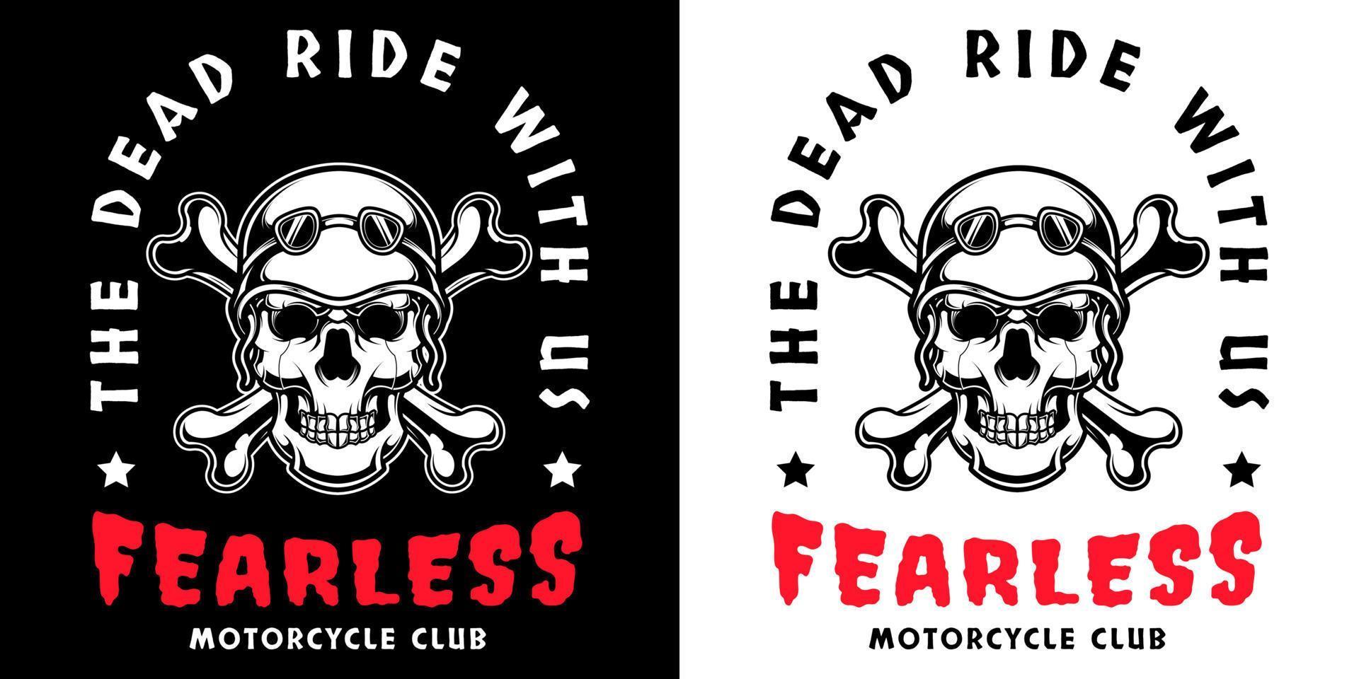 Skull in motorcycle helmet and goggles in black and white vintage monochrome style isolated vector illustration