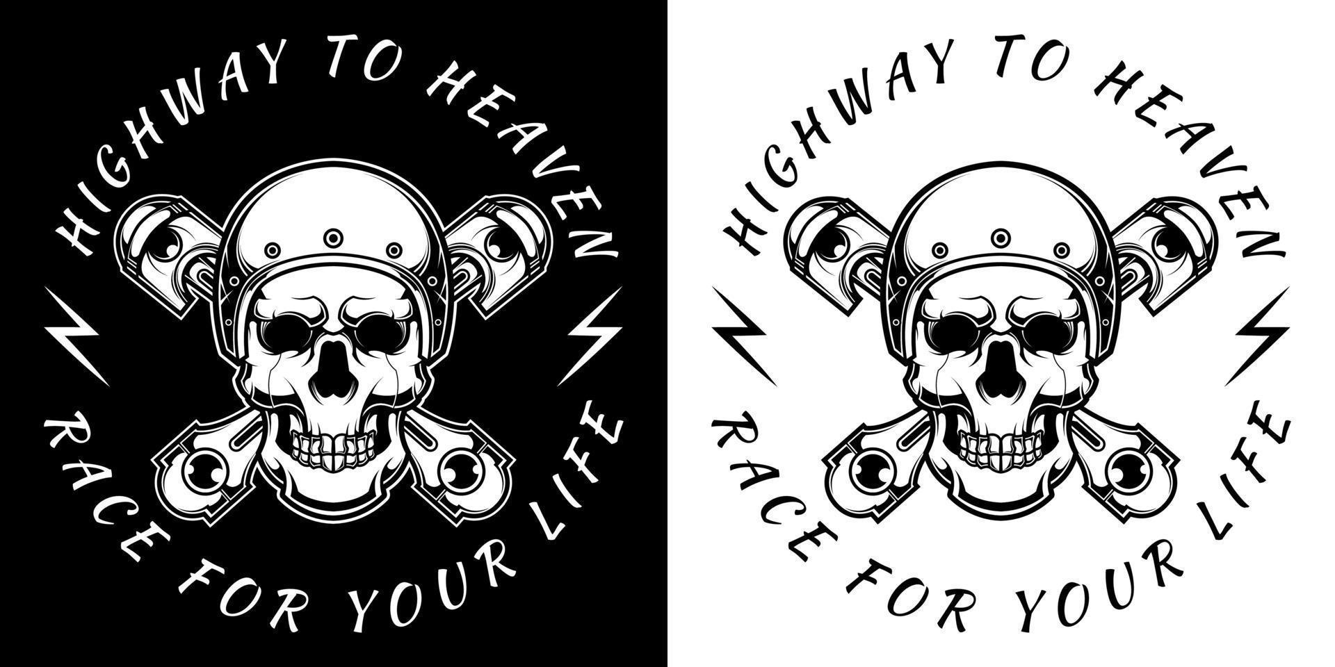Skull in motorcycle helmet in black and white vintage monochrome style isolated vector illustration