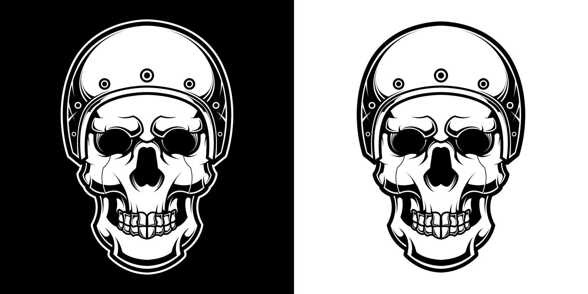 Skull in motorcycle helmet in black and white vintage monochrome style isolated vector illustration