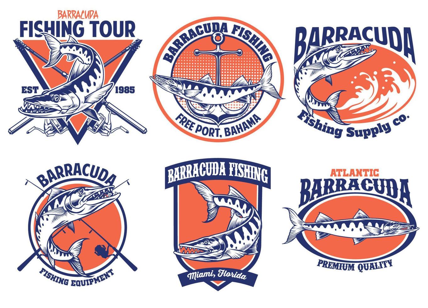 set of barracuda fishing badge design vector