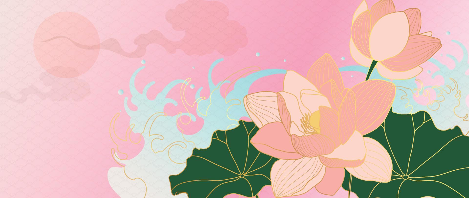 Luxury oriental flower background vector. Elegant pink lotus flowers golden line art with sea wave line pattern and japanese pattern.  Chinese and Japanese design for wallpaper, poster, banner, card. vector