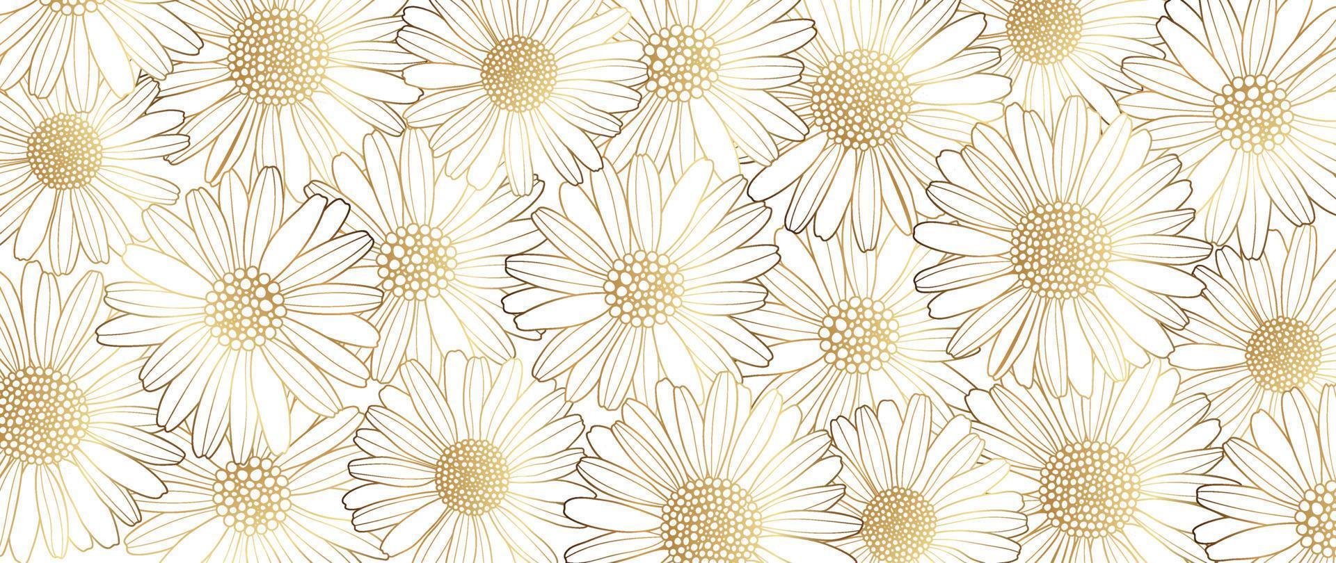 Luxury golden daisy flower line art background vector. Natural botanical elegant flower with gold line art. Design illustration for decoration, wall decor, wallpaper, cover, banner, poster, card. vector