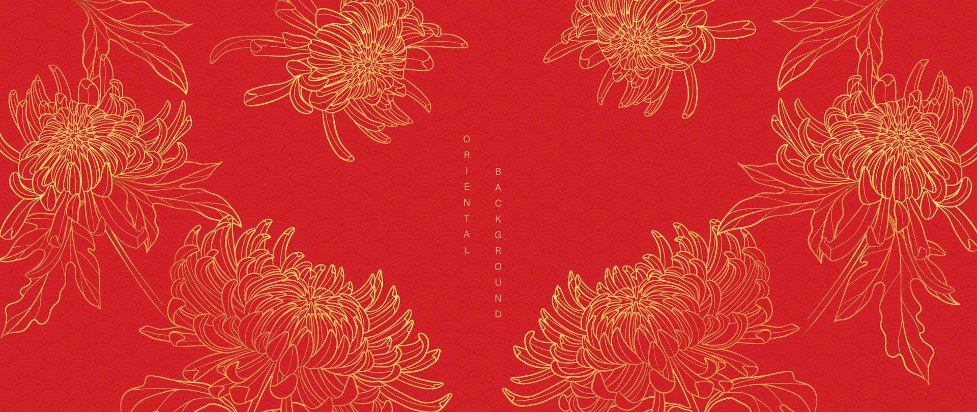 Luxury oriental japanese pattern background vector. Elegant mum flower and leaves golden line art on red background. Floral pattern design illustration for decoration, wallpaper, poster, banner, card. vector