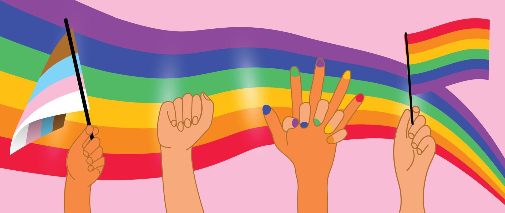 Happy Pride month background. LGBTQ community symbols with hand sign, transgender flag, pride flag. Design for celebration against violence, bisexual, transgender, gender equality, rights concept. vector