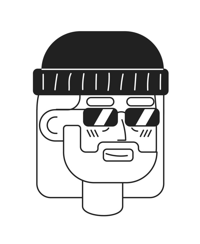 Aging hipster with sunglasses monochromatic flat vector character head. Grandpa. Editable black white cartoon face emotion. Hand drawn lineart ink spot illustration for web graphic design, animation