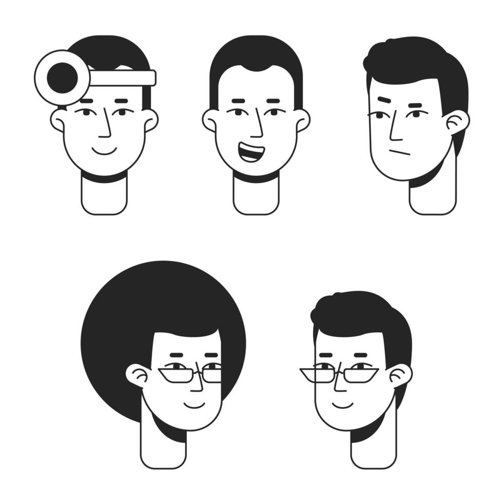 Happy short-haired men flat line monochromatic vector character heads set. Simple outline avatar icons. Editable cartoon user portraits. Lineart spot illustrations for web graphic design and animation