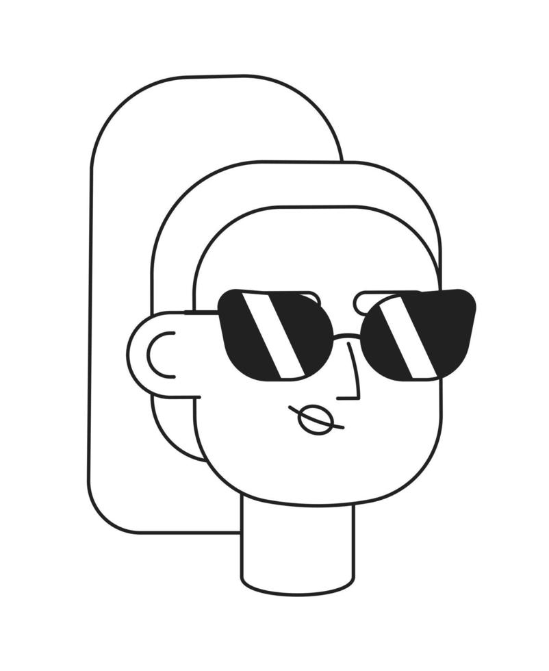 frio ligero peludo niña con Gafas de sol monocromo plano vector personaje cabeza. editable negro blanco dibujos animados cara emoción. mano dibujado arte lineal tinta Mancha ilustración para web gráfico diseño, animación