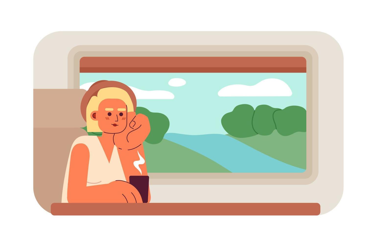 Train travel 2D vector isolated spot illustration. Traveller passenger sitting near window with hot drink flat character on cartoon background. Colorful editable scene for website landing, mobile app