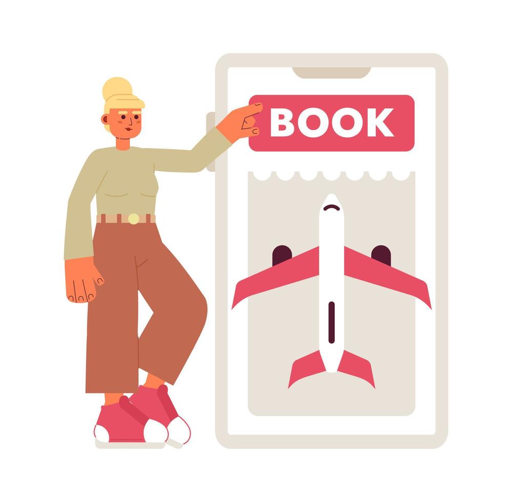 Booking flight over phone flat concept vector spot illustration. Editable 2D cartoon character on white for web UI design. Passenger purchasing ticket creative hero image