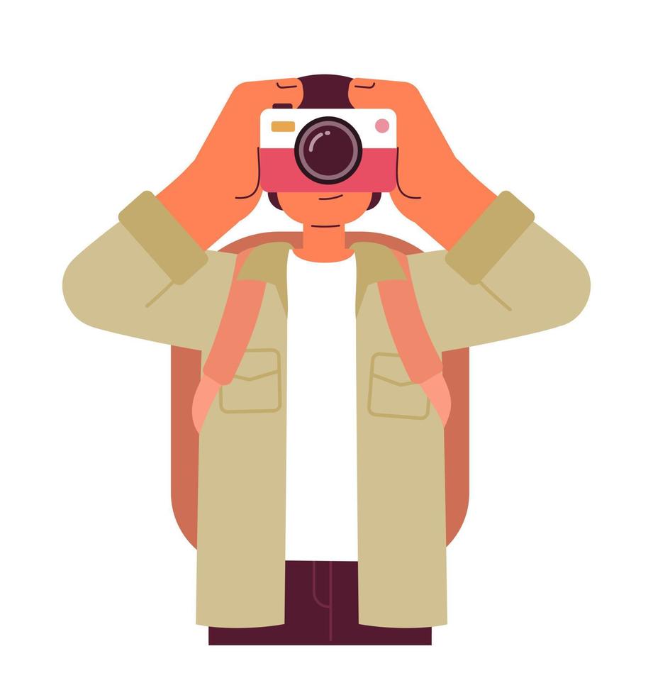 Male traveler taking pictures when sightseeing semi flat colorful vector character. Editable half body person on white. Simple cartoon spot illustration for web graphic design and animation