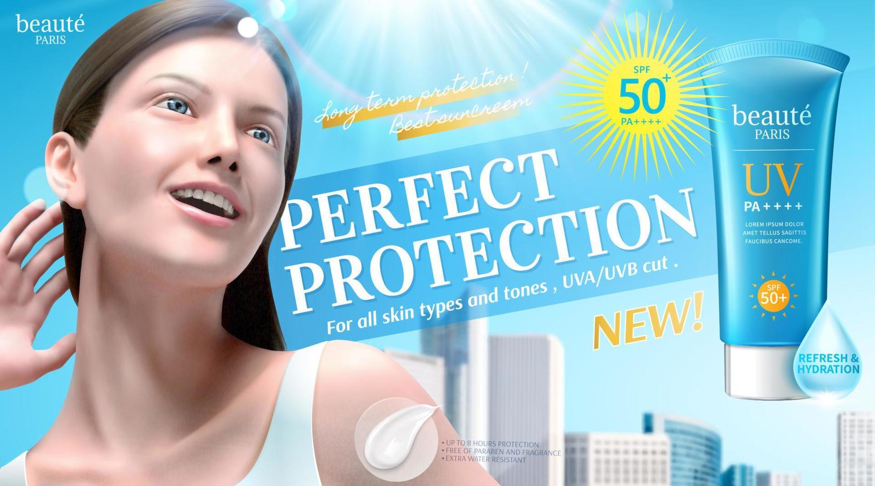 3d illustration summer sunscreen ads with confident woman looking up to the sky on bokeh city background, beauty written in French text vector