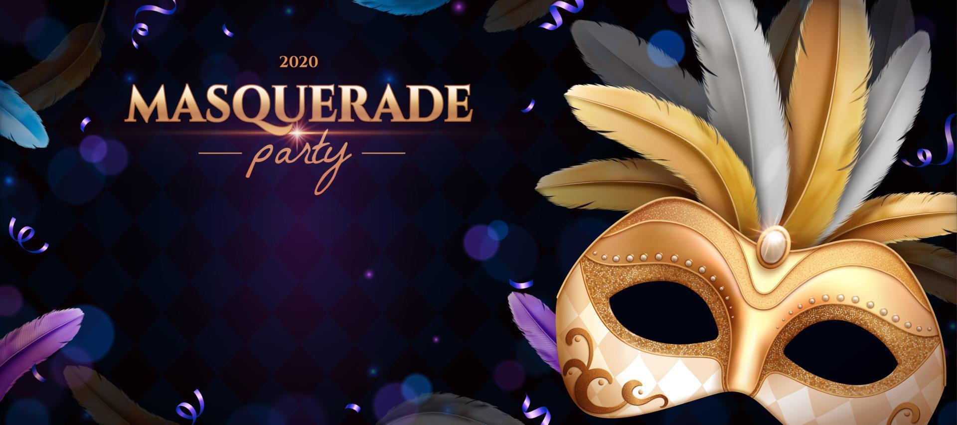 Golden masquerade mask with feathes for party night purple background vector