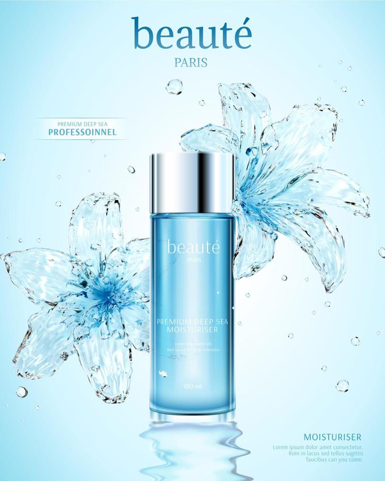 Moisturizing cosmetic ads with transparent water lily on light blue background in 3d illustration, beauty and professional written in French text vector