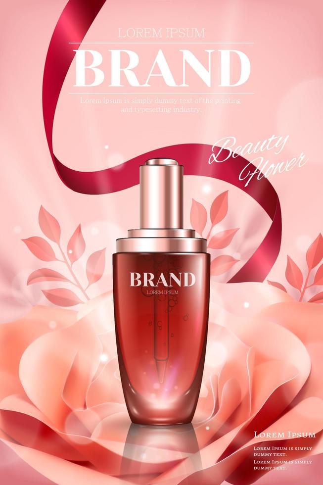 Droplet bottle ads with romantic paper rose and ribbons in 3d illustration vector