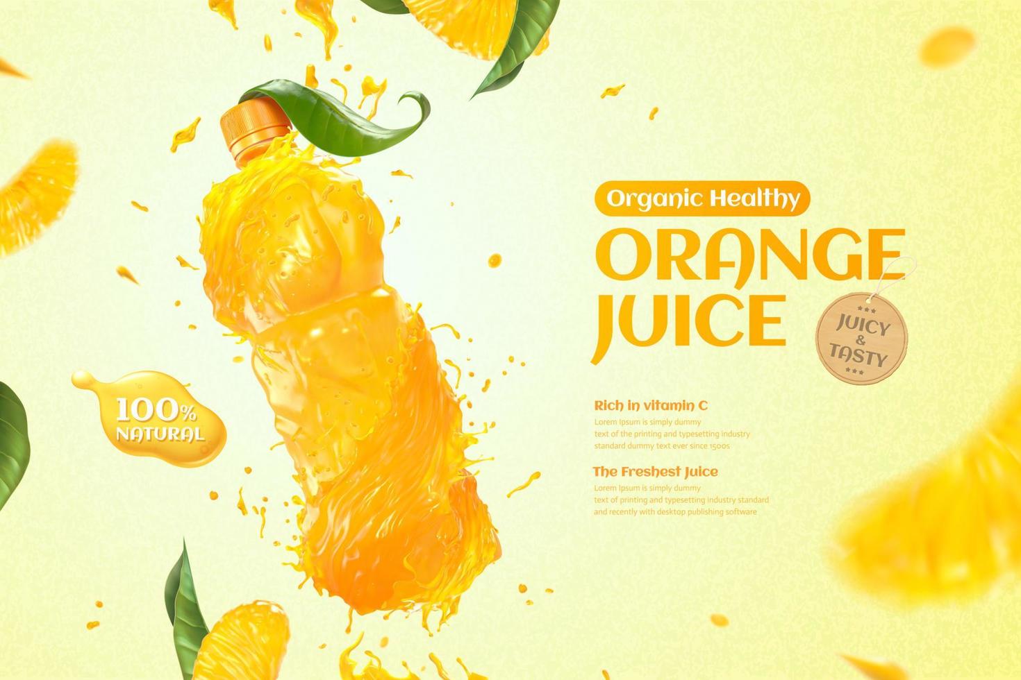 Orange bottle juice ads with splashing liquid and fresh pulp in 3d illustration vector
