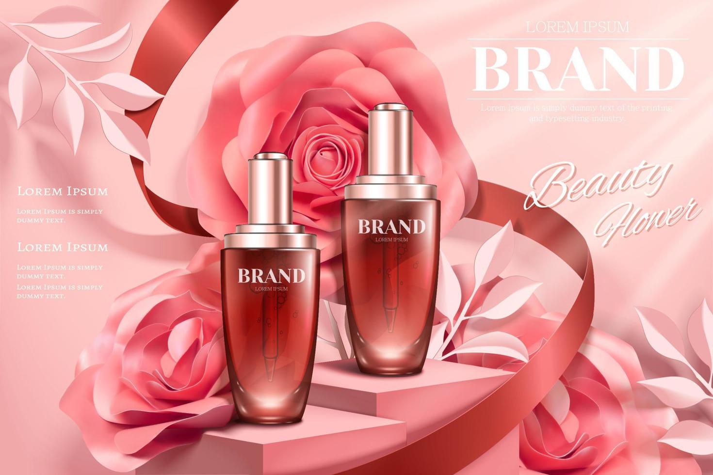 Droplet bottle ads with romantic paper rose decorations in 3d illustration vector
