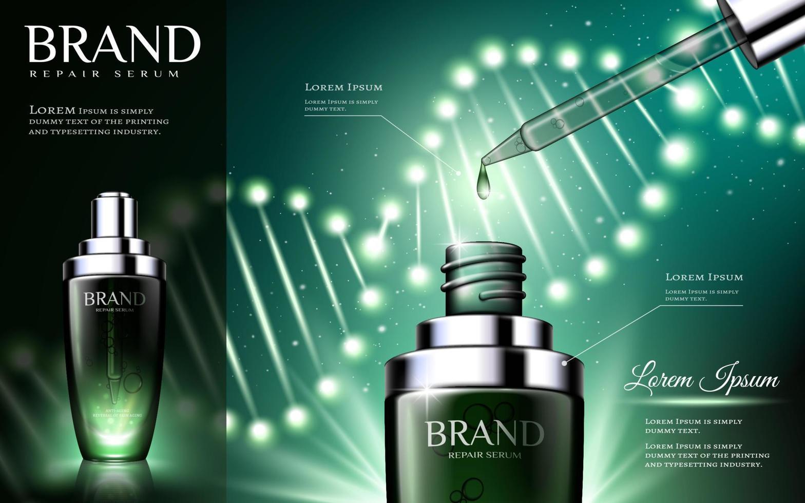 Green tone skincare droplet bottle ads with glowing gene helix effect in 3d illustration vector