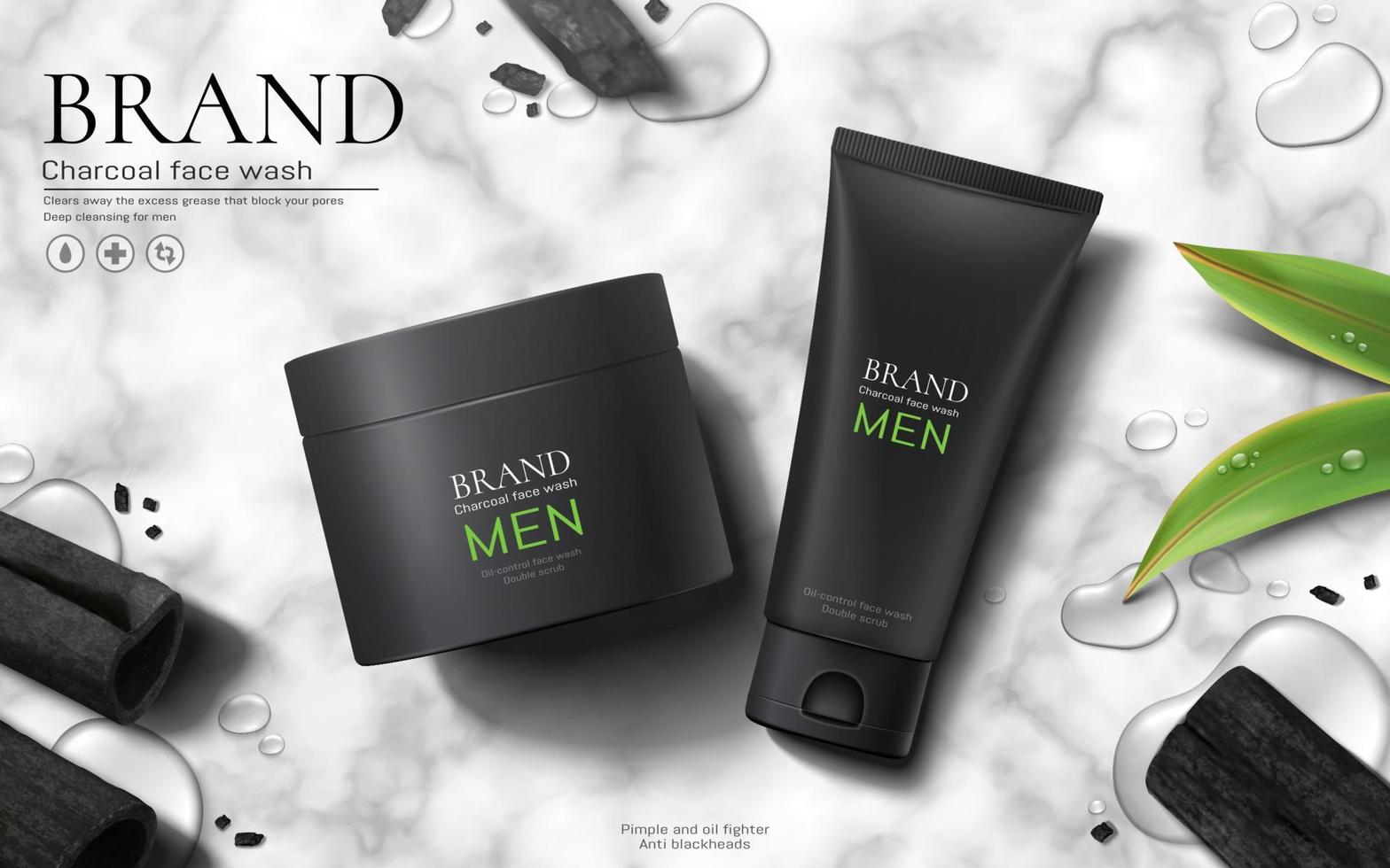 Charcoal men face wash ads on marble stone background in 3d illustration, flat lay style vector