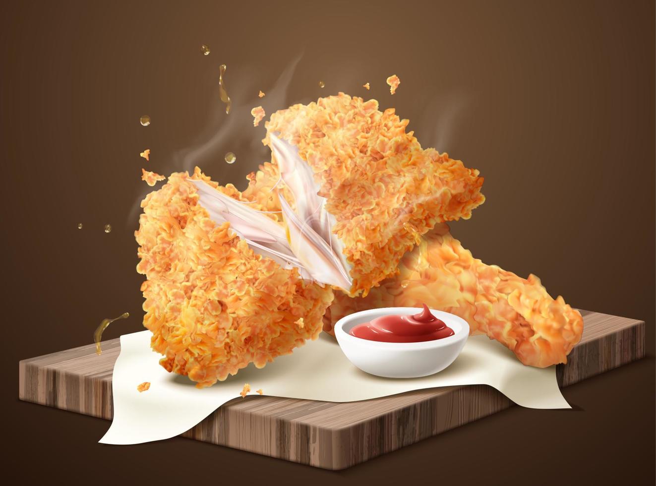 Delicious crispy fired chicken with dip on wooden plate in 3d illustration vector