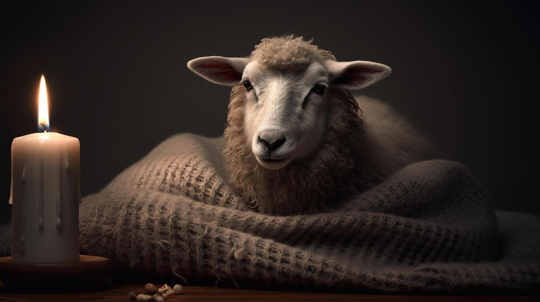 bebé cabra cubierto con toalla en un vela iluminado habitación ai generado foto