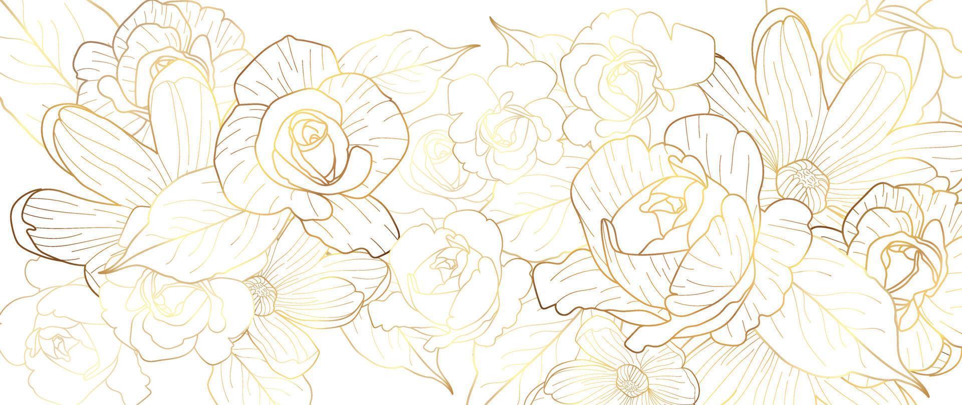 Luxury golden rose flower line art background vector. Natural botanical