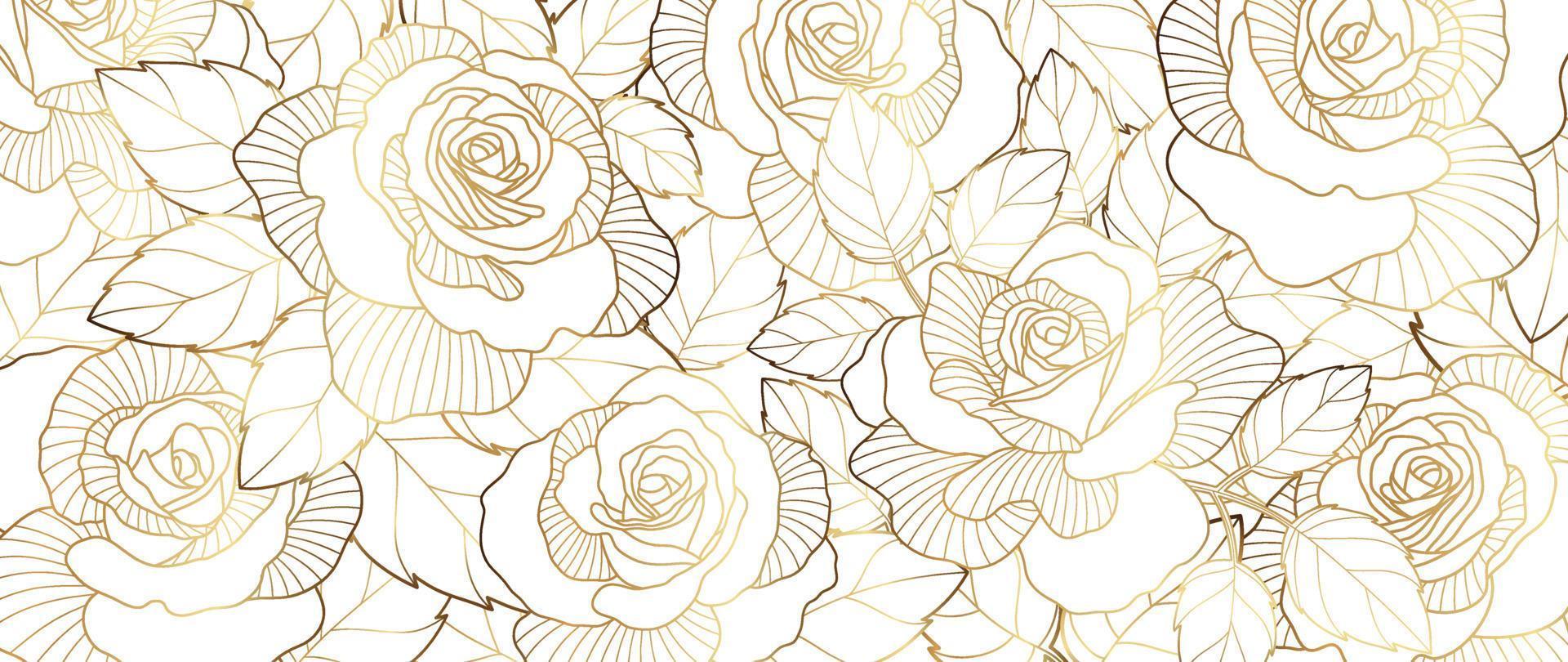 Luxury golden rose flower line art background vector. Natural botanical elegant flower with gold line art. Design illustration for decoration, wall decor, wallpaper, cover, banner, poster, card. vector