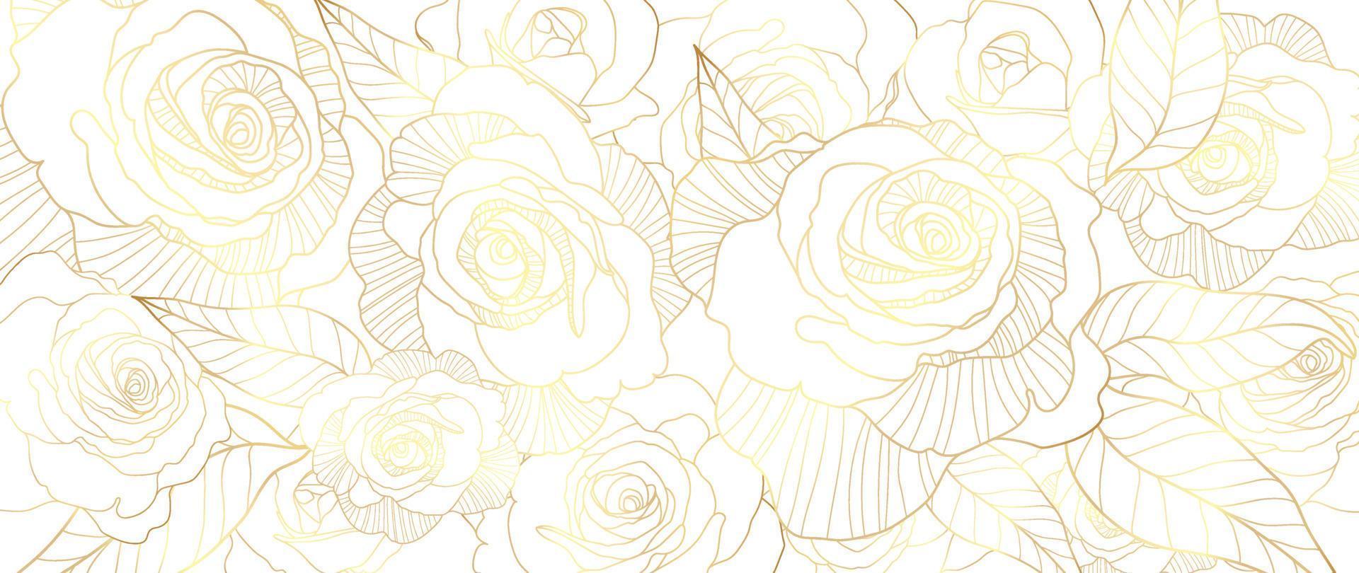 Luxury golden rose flower line art background vector. Natural botanical elegant flower with gold line art. Design illustration for decoration, wall decor, wallpaper, cover, banner, poster, card. vector