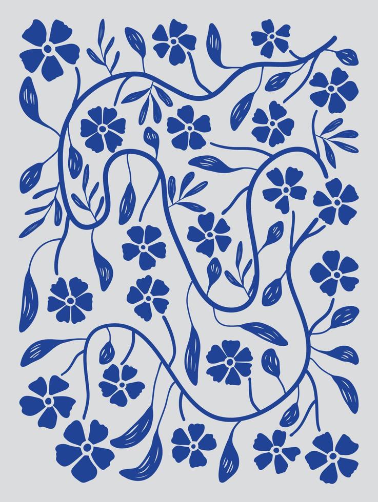 matisse Arte antecedentes vector. resumen natural mano dibujado modelo diseño con azul flor y hojas rama. sencillo contemporáneo estilo ilustrado diseño para tela, imprimir, cubrir, bandera, fondo de pantalla. vector