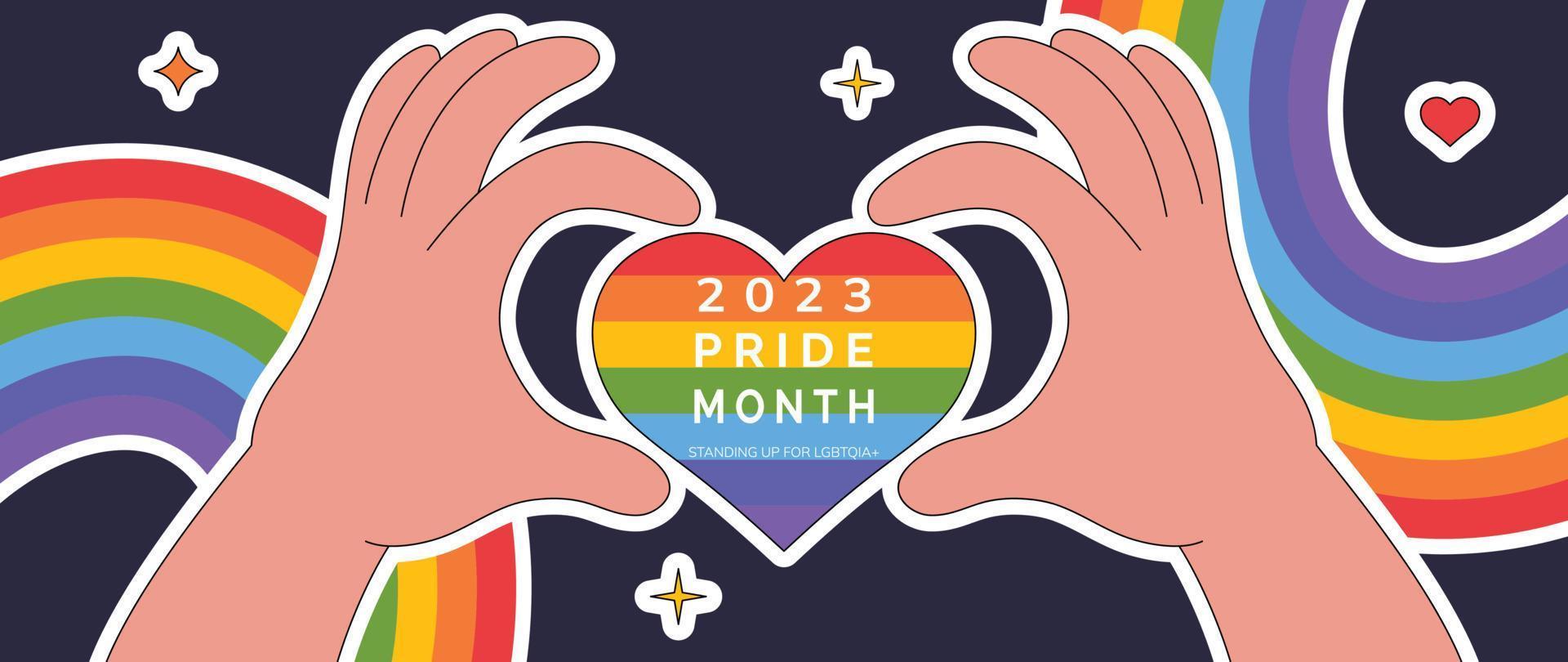 Happy Pride month background. LGBTQ community symbols with love hand sign, sparkles, rainbow flag. Design for celebration against violence, bisexual, transgender, gender equality, rights concept. vector