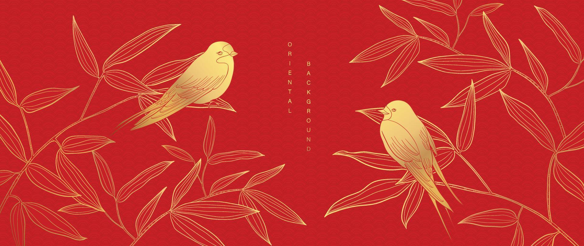 Luxury oriental japanese pattern background vector. Elegant swallow bird and bamboo leaf branch golden line art on red background. Design illustration for decoration, wallpaper, poster, banner, card. vector