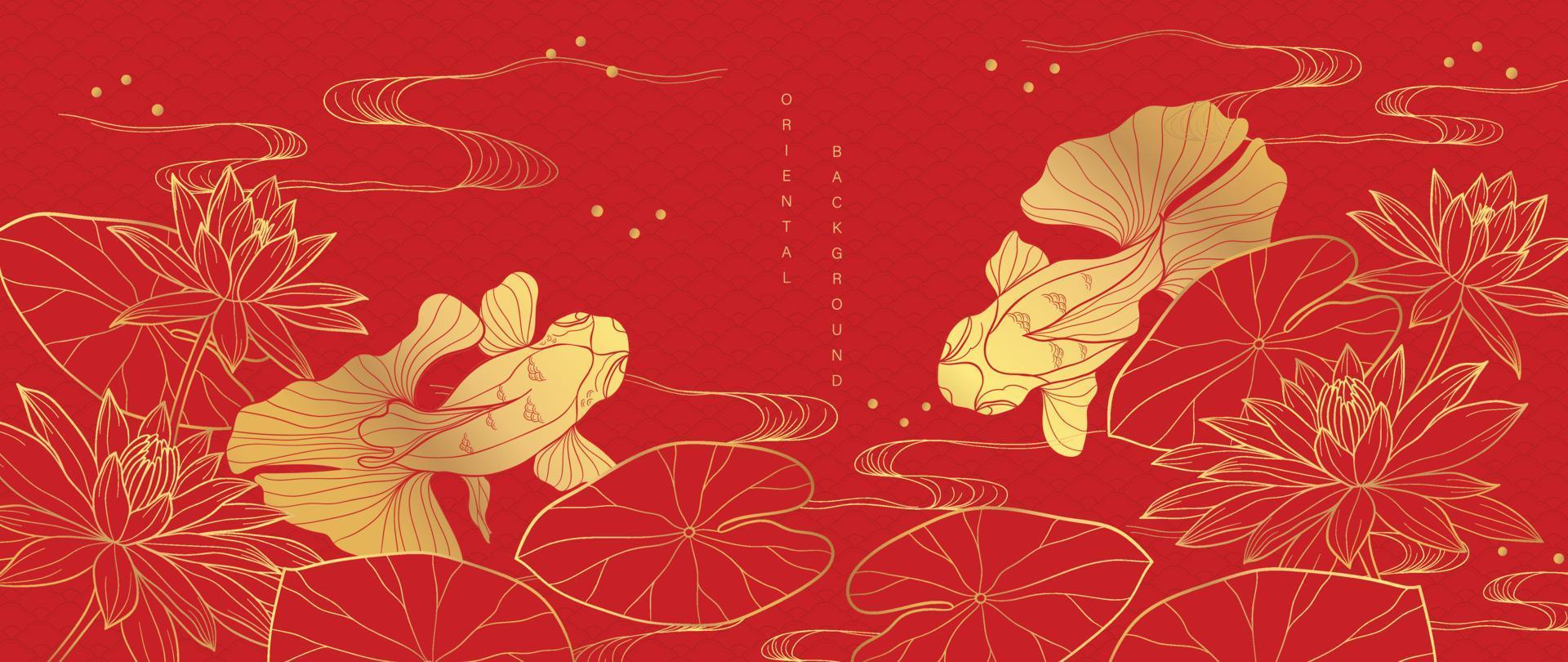 lujo oriental flor antecedentes vector. elegante rojo loto flores dorado línea Arte con mar ola línea modelo y pez de colores. chino y japonés diseño para fondo de pantalla, póster, bandera, tarjeta. vector