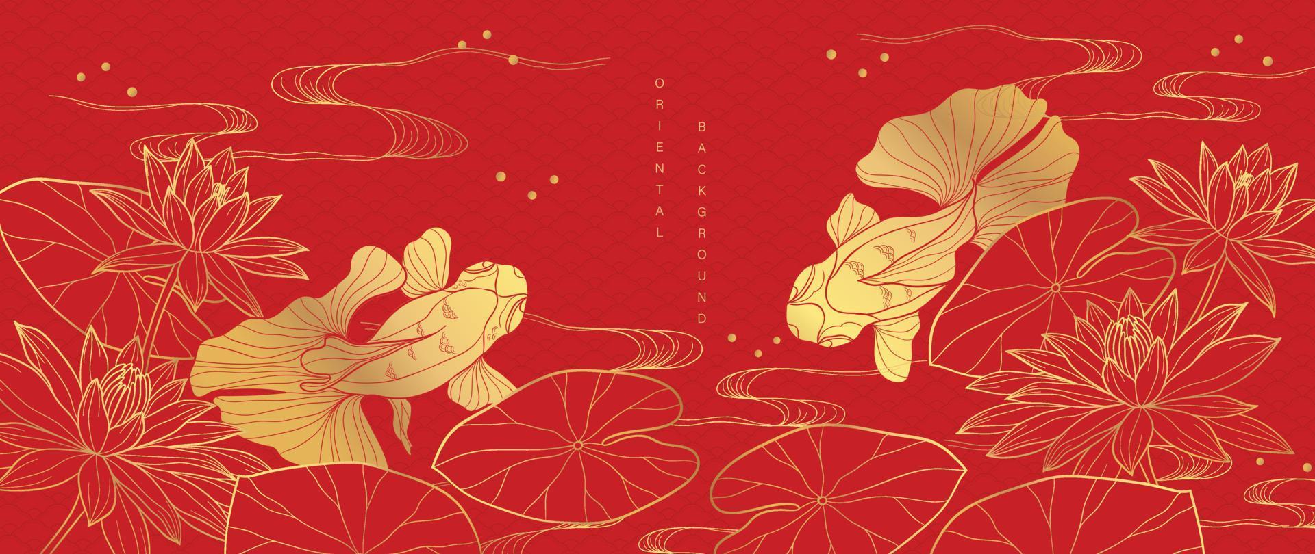 Luxury oriental flower background vector. Elegant red lotus flowers golden line art with sea wave line pattern and goldfish.  Chinese and Japanese design for wallpaper, poster, banner, card. vector