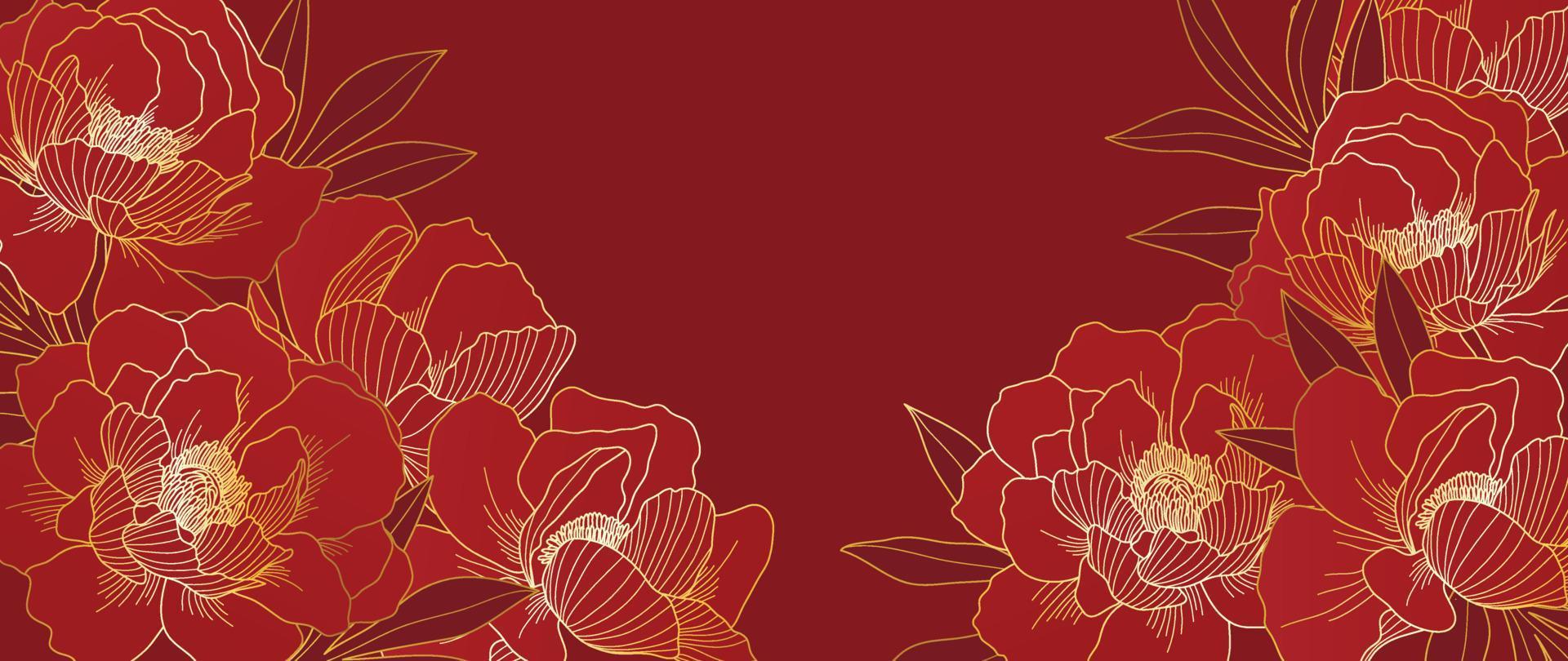 Luxury oriental flower background vector. Elegant peony flowers and leaves golden line art on red background. Floral pattern design illustration for decoration, wallpaper, poster, banner, card. vector