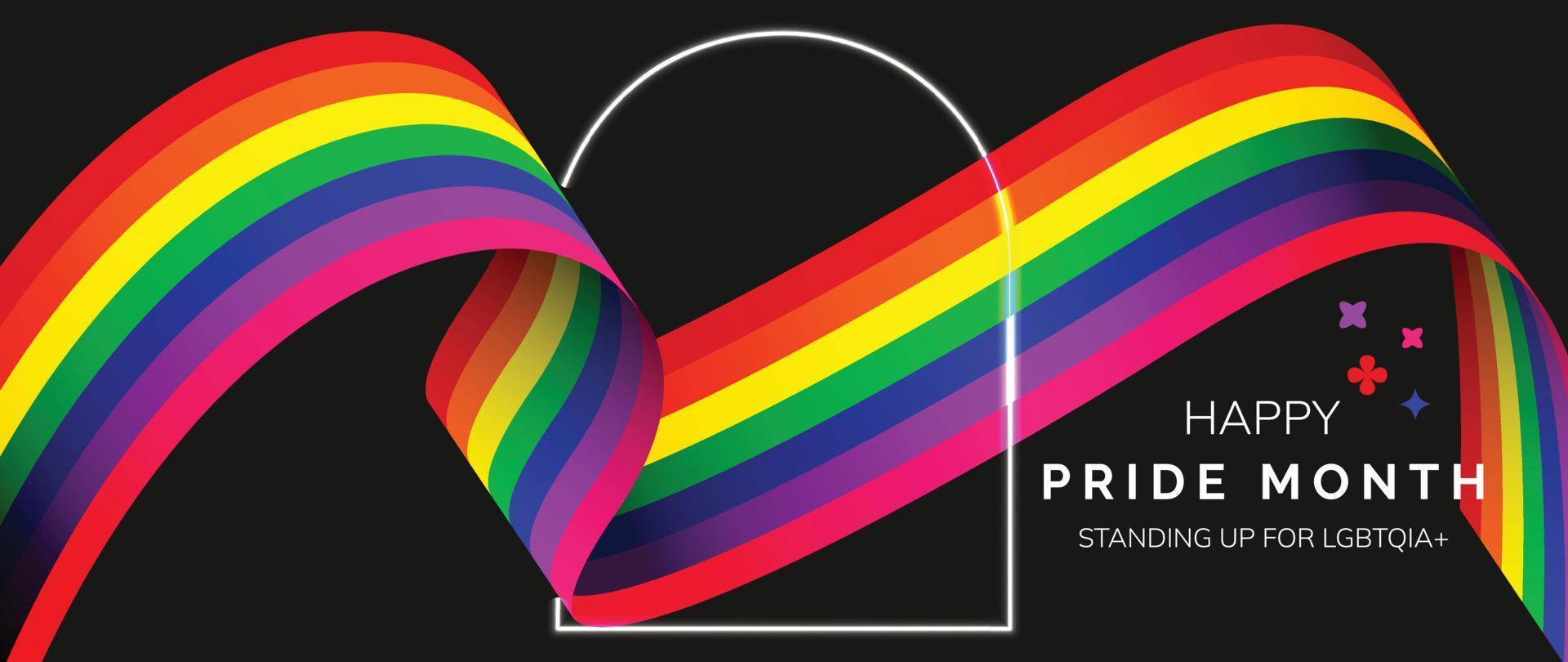 Happy Pride month background. LGBTQ community symbols with rainbow, ribbon, light frame, sparkle. Design for celebration against violence, bisexual, transgender, gender equality, rights concept. vector