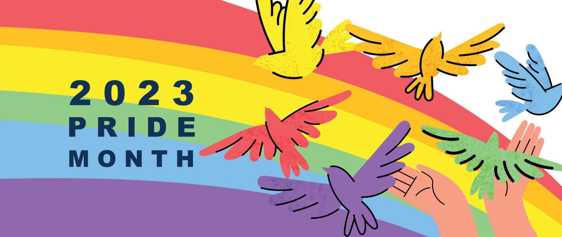 Happy Pride month background. LGBTQ community symbols with rainbow, bird, hand sign. Design for celebration against violence, bisexual, transgender, gender equality, rights concept. vector