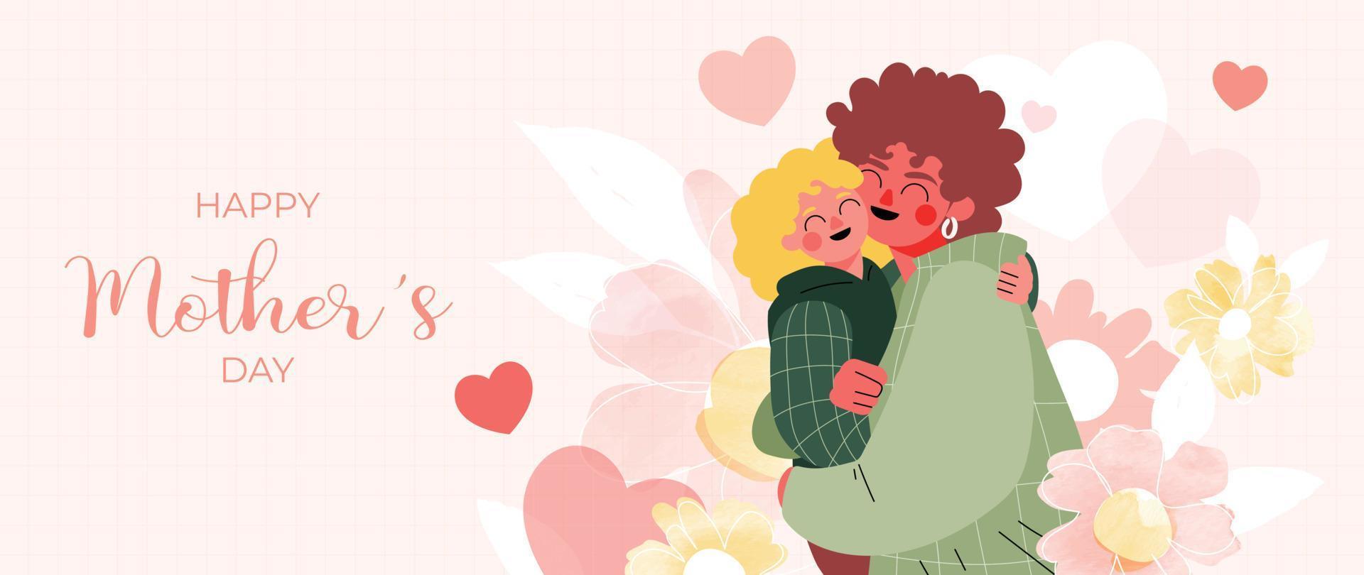 Happy mother's day background vector. Cute family watercolor wallpaper design with mom hugging kid, flowers. Mother's day concept illustration design for cover, banner, greeting card, decoration. vector