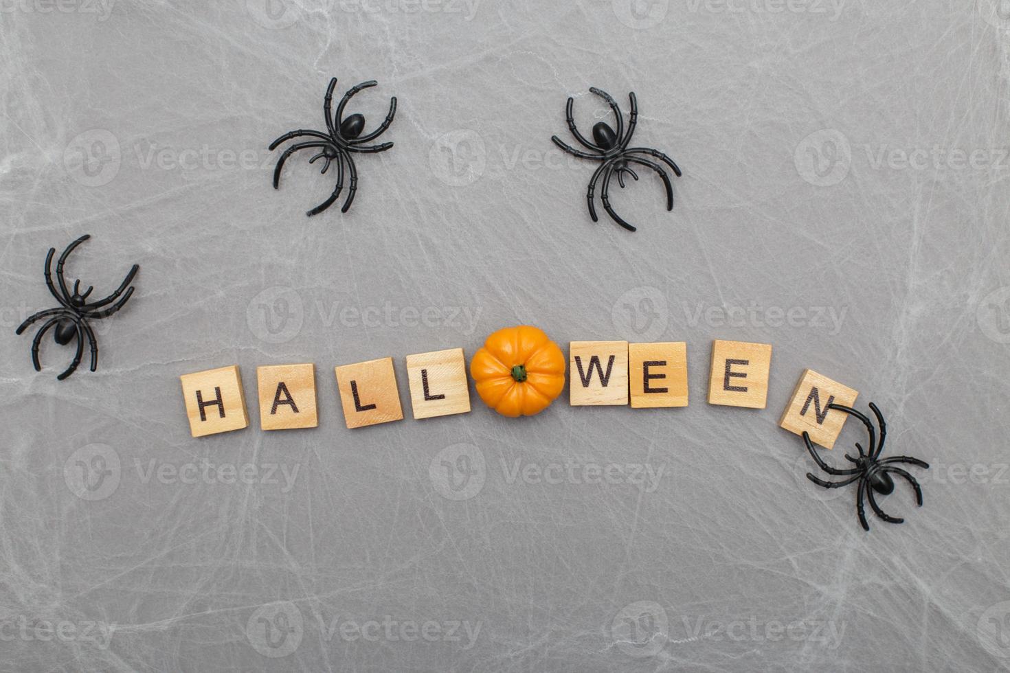 the inscription halloween with spider web and spiders on a gray background photo