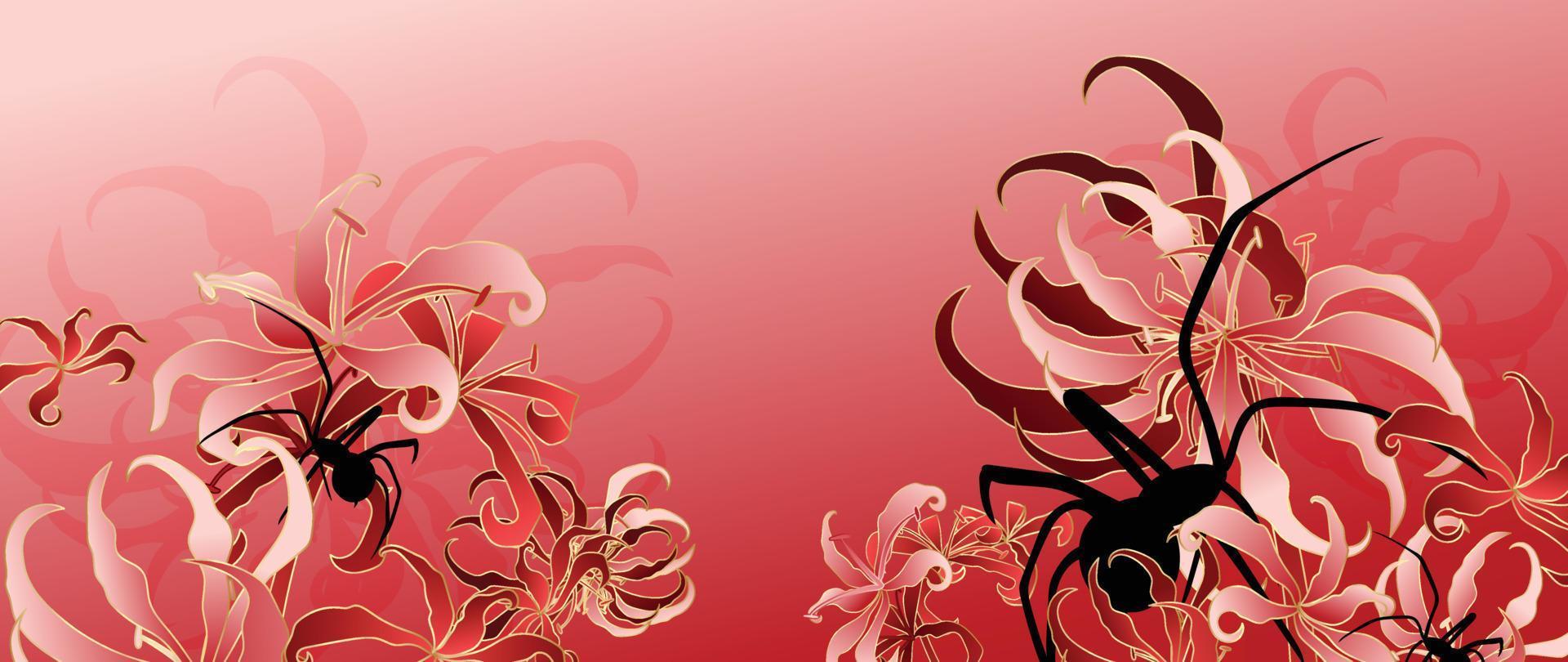 Luxury oriental flower background vector. Elegant black spider and spider lily golden line art on red background. Floral pattern design illustration for decoration, wallpaper, poster, banner, card. vector