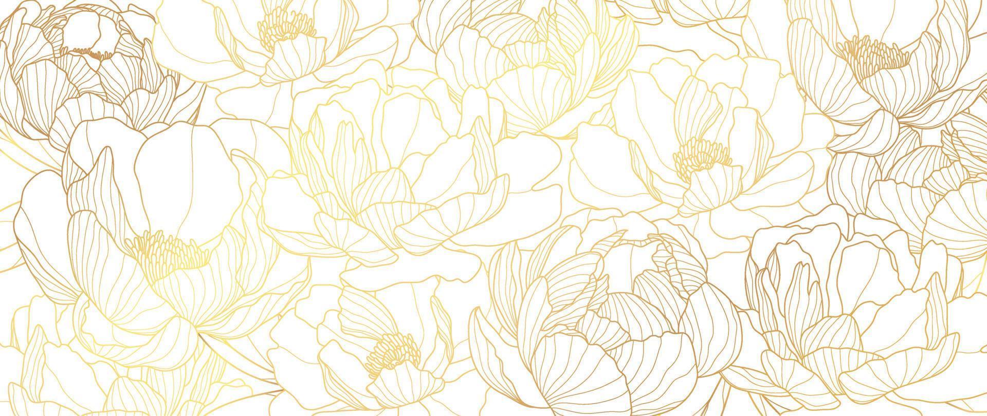 Luxury gold peony flower line art background vector. Natural botanical elegant flower with gold line art. Design illustration for decoration, wall decor, wallpaper, cover, banner, poster, card. vector