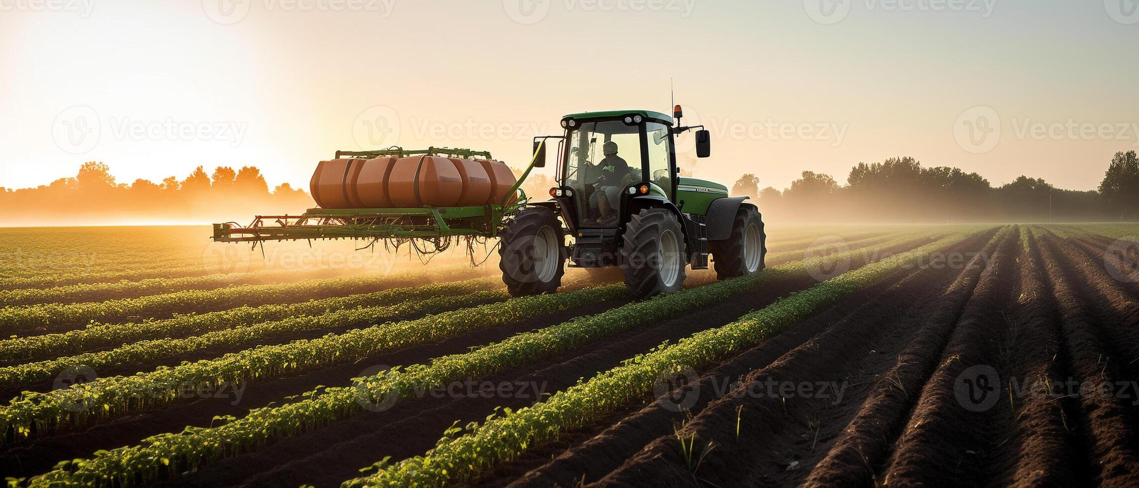agricultura tractor pulverización plantas en un campo. foto