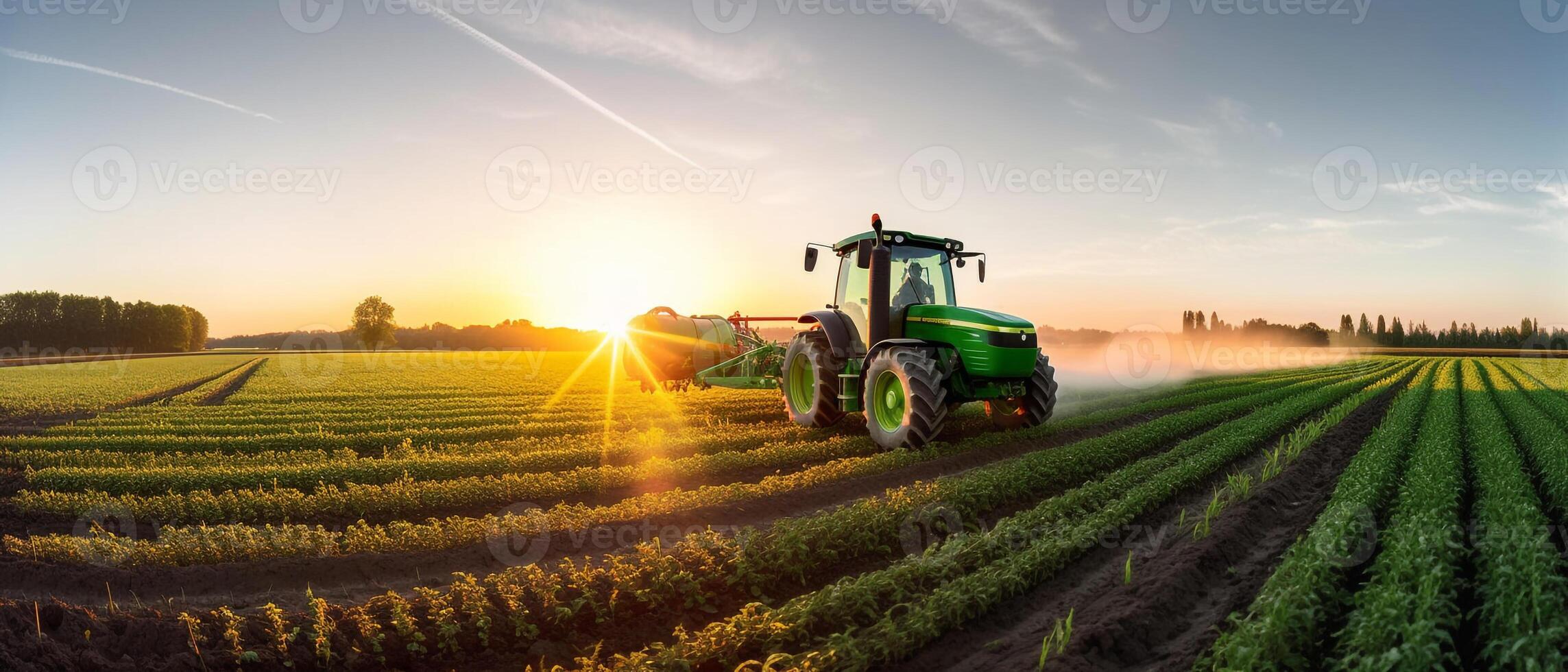 agricultura tractor pulverización plantas en un campo. foto