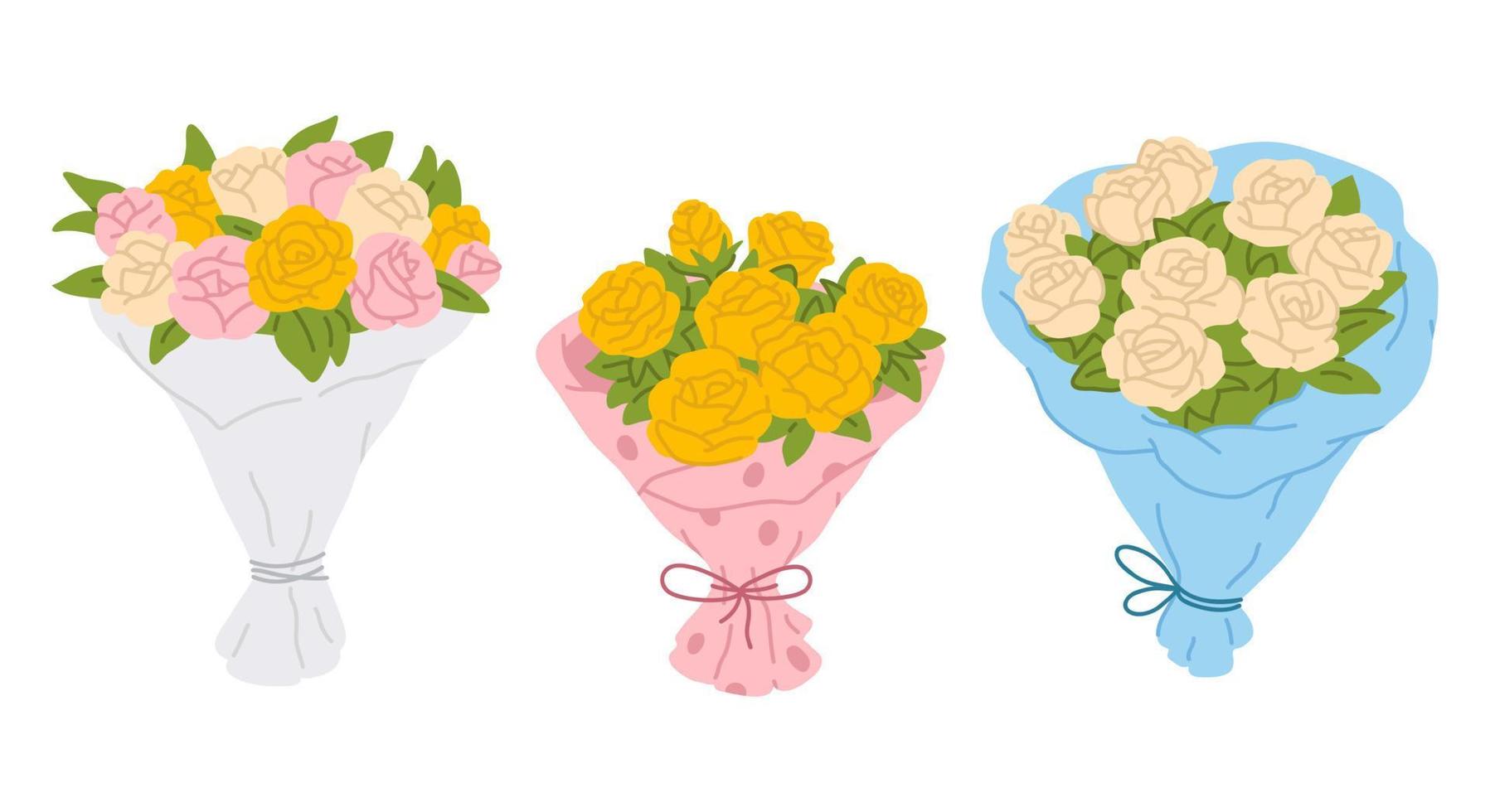 illustration set doodle bouquets with roses vector