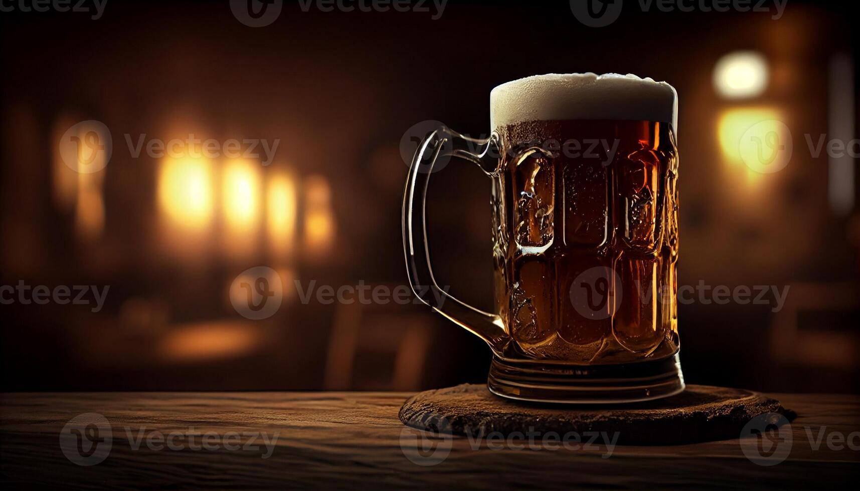 Glass mug of beer with foam in a bar, pub, brewery. Lager drink, pint, alcohol close-up. photo