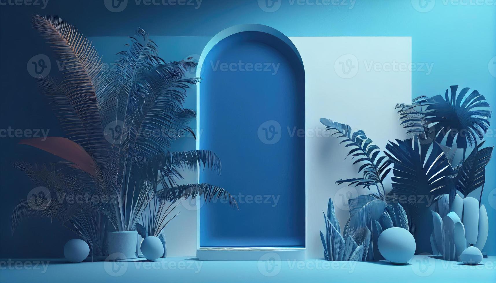 Blue studio stand for product on light background. Nature wall scene concept. Pastel color. Palm leaves. Generative, AI photo