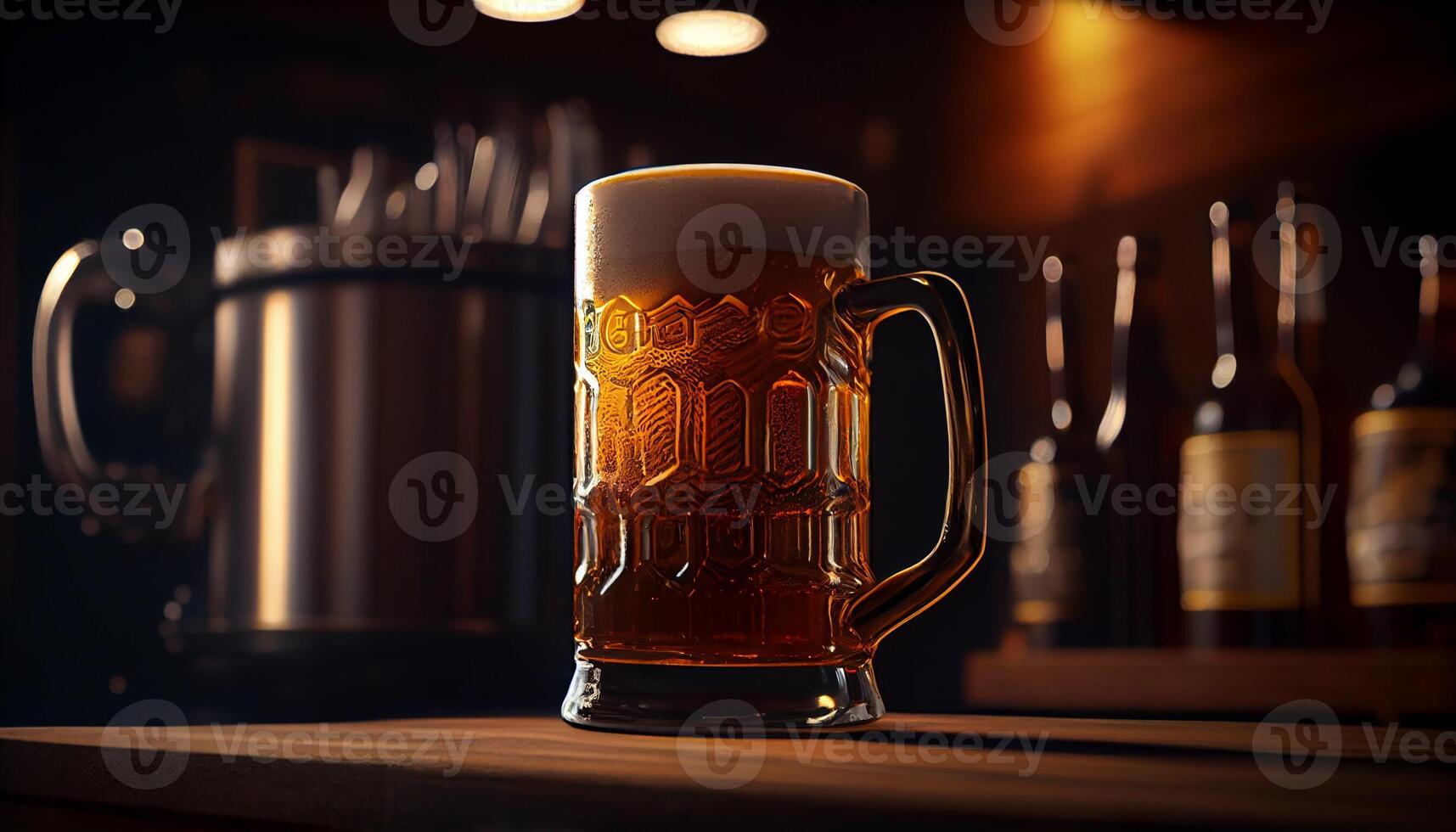 Glass mug of beer with foam in a bar, pub, brewery. Lager drink, pint, alcohol close-up. photo