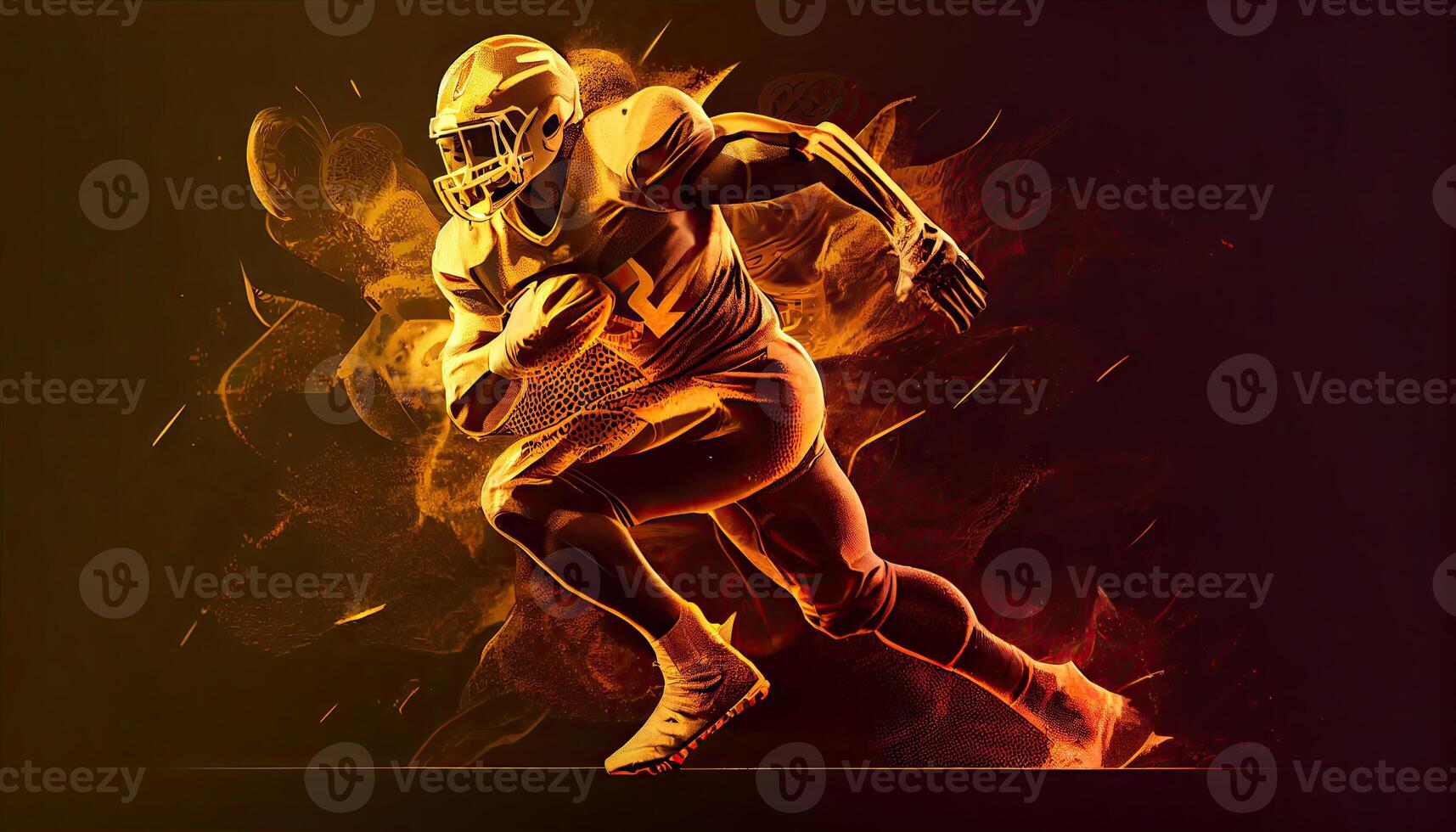 Professional american football player running and holding the ball, golden silhouette, dark background. photo