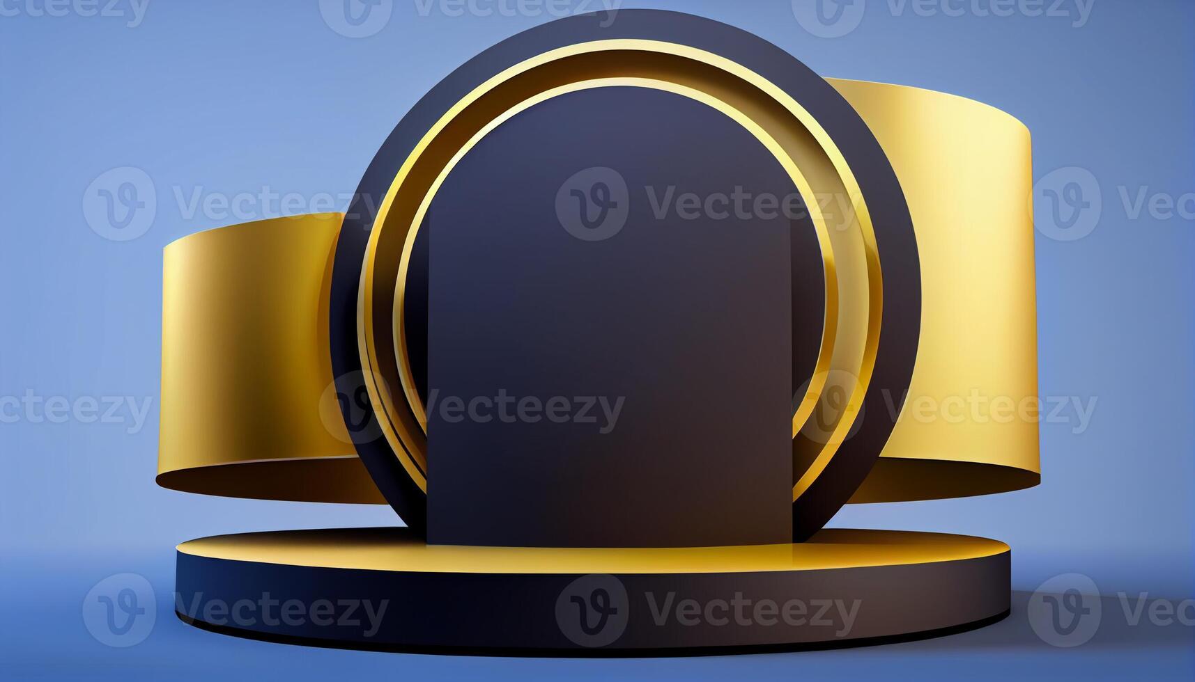 Empty blue and gold 3d cylinder podium, vacant pedestal, modern stage, showcase. Minimal abstract background. Advertising, award, win design, presentation mockup. photo