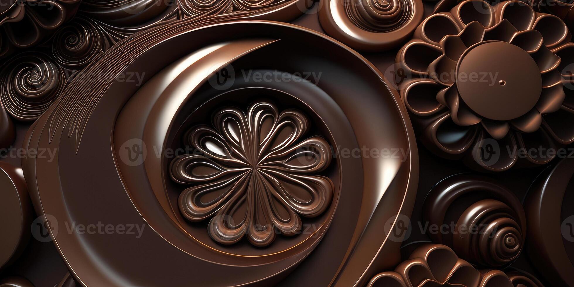 Close-up of delicious dark chocolates drops, cookie and dessert. Flat lay pattern on a brown background. Top view. photo