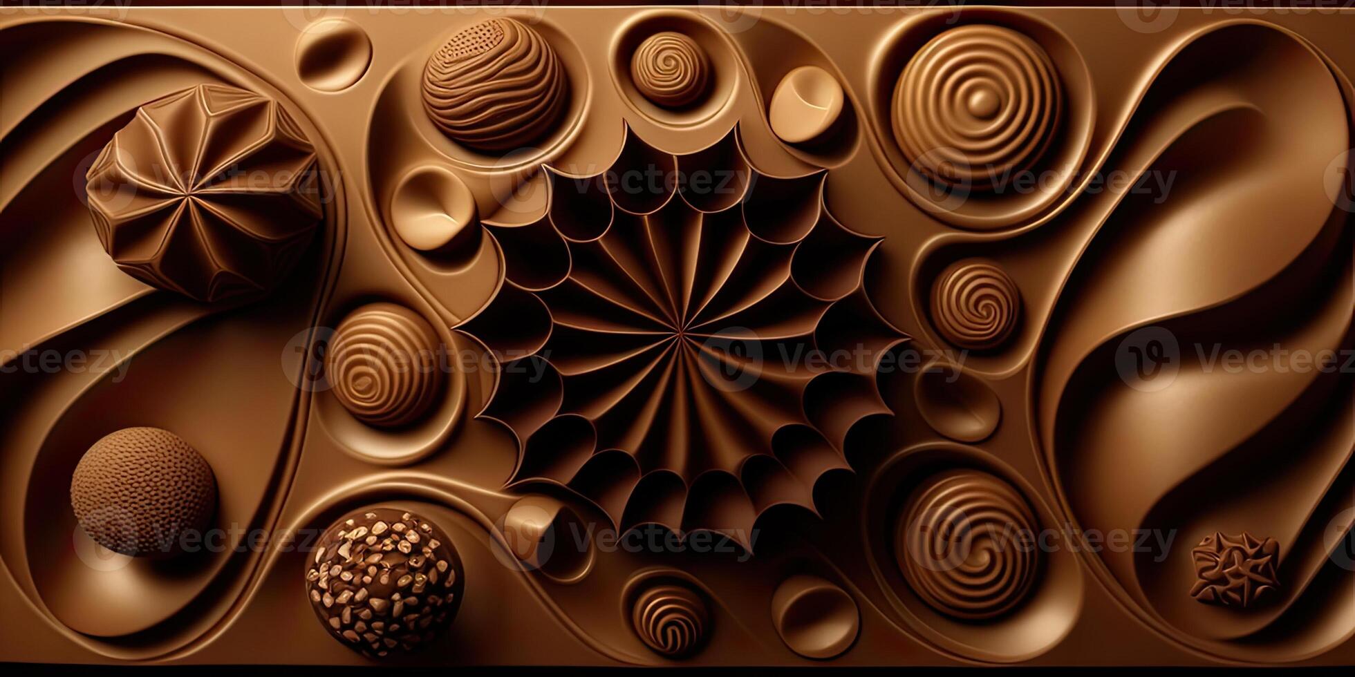 Close-up of delicious dark chocolates drops, cookie and dessert. Flat lay pattern on a brown background. Top view. photo